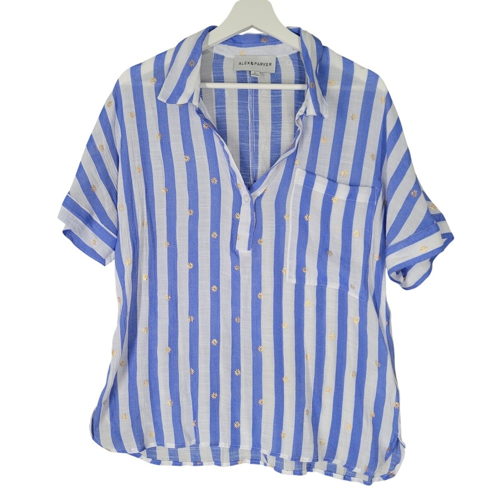 Alex & Parker Striped Blouse Womens Large Blue Gold Star Sunburst